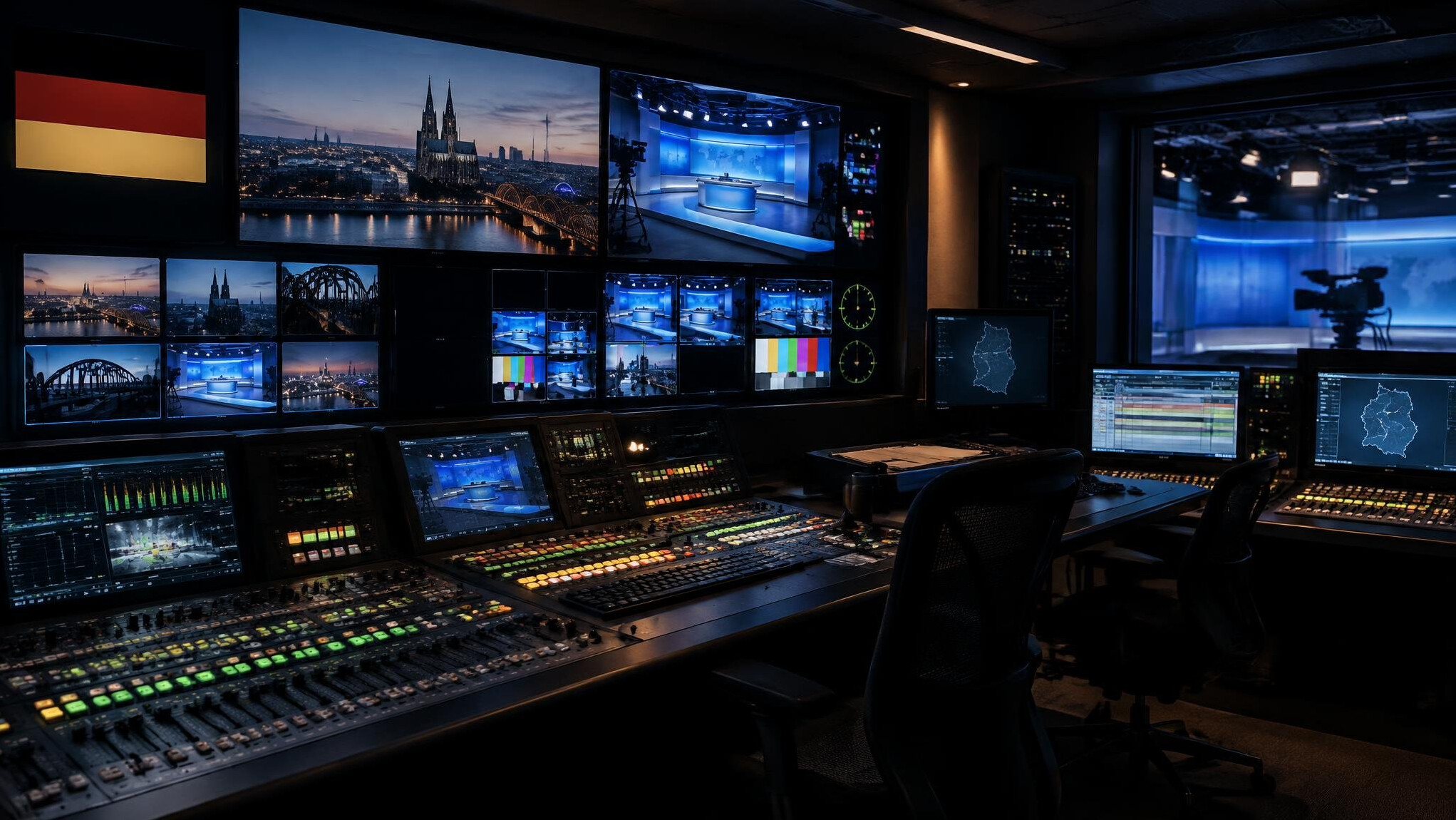 Dark television broadcast control room with glowing monitors