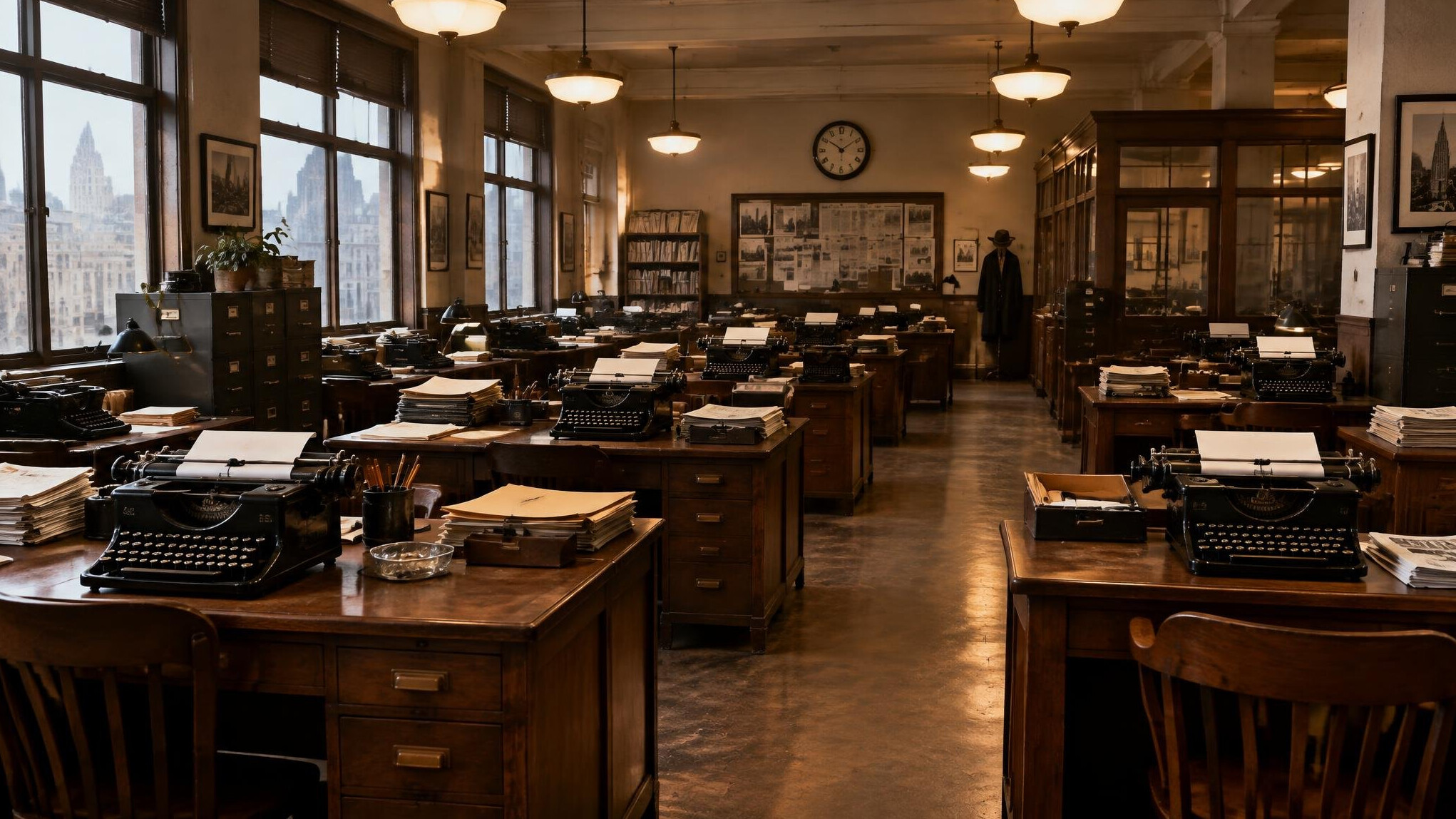Rows of vintage typewriters on wooden desks in a newsroom
