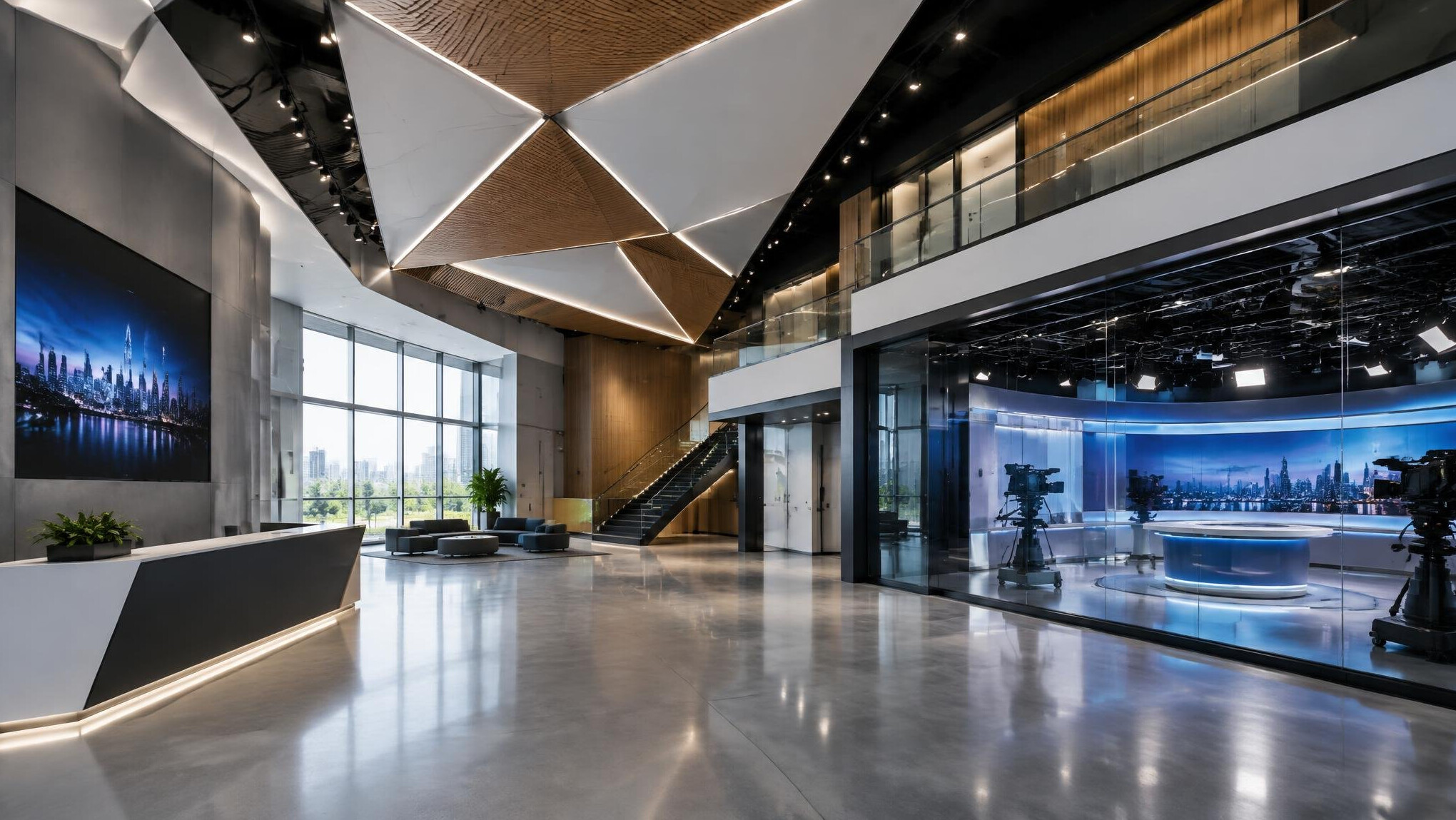 Modern architectural interior with geometric ceiling structure