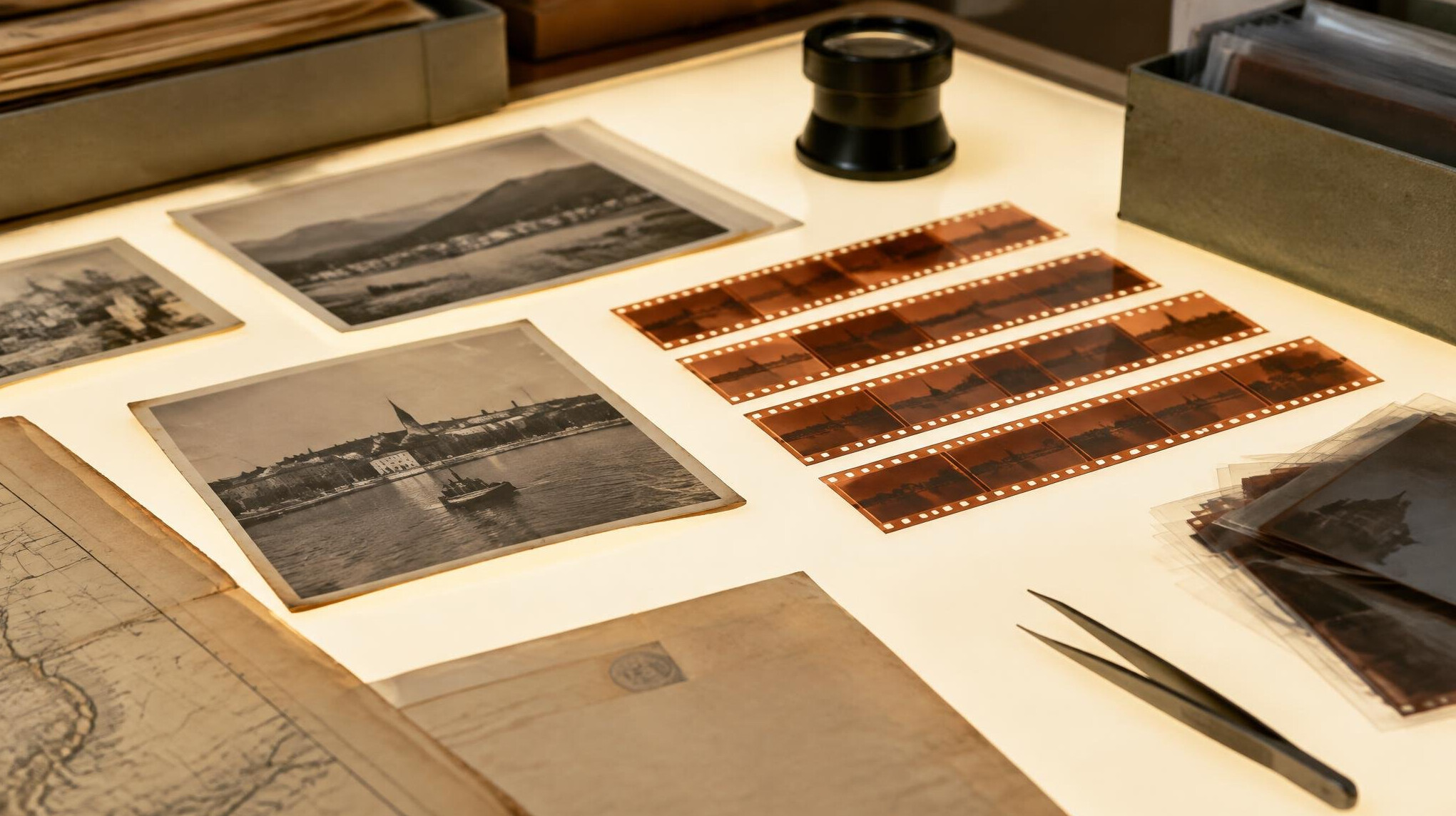 Close-up of archival documents and film negatives on a light table