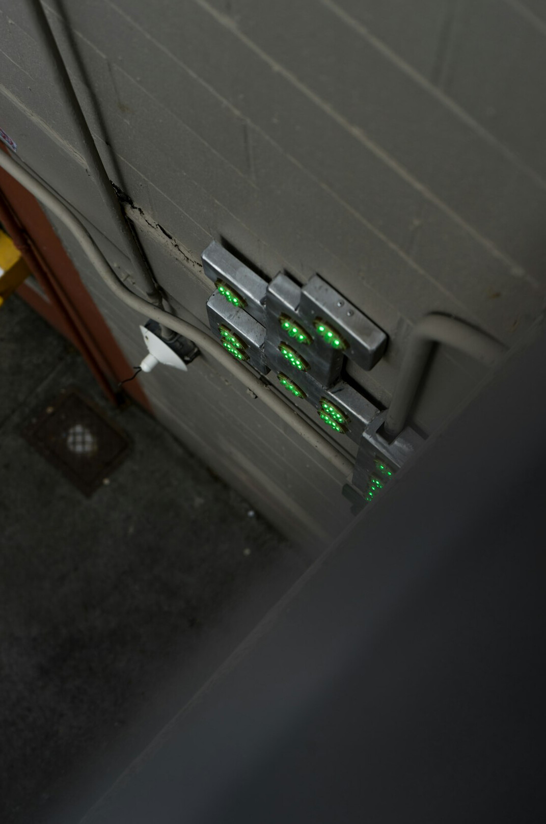 Modern server racks with blue indicator lights
